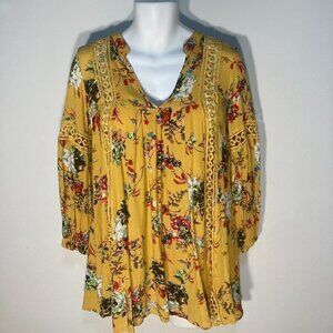 CBOCS SZ S Mustard colored floral long sleeve lace trimmed tent dress or tunic